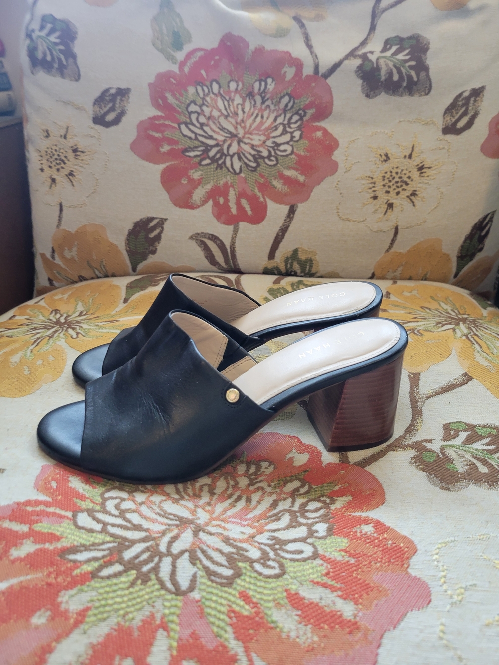 Cole Haan Black Leather Open-Toe Mule Heels